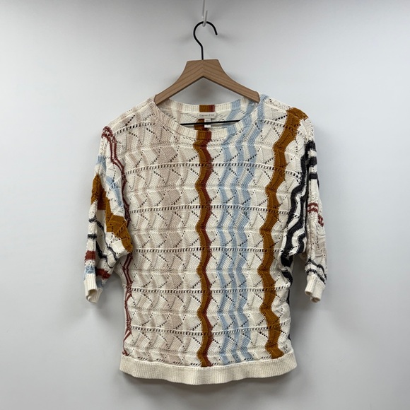 Garnet Hill Chevron Striped Pointelle Knit Pullover Sweater Cream Small - Picture 2 of 9